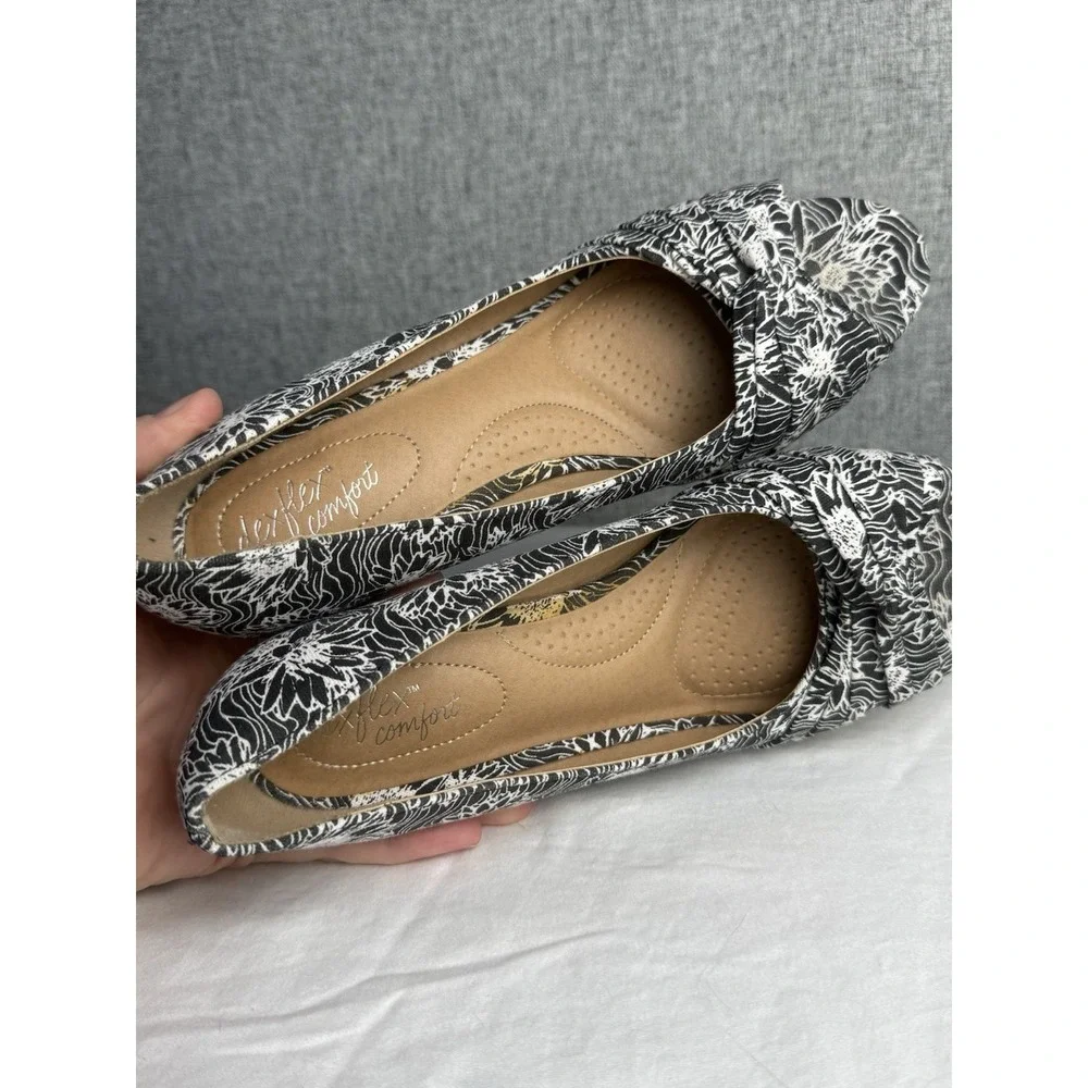 Dexflex Comfort Womens Black White Floral Canvas Peep Toe Cork‎ Wedges Size 7.5